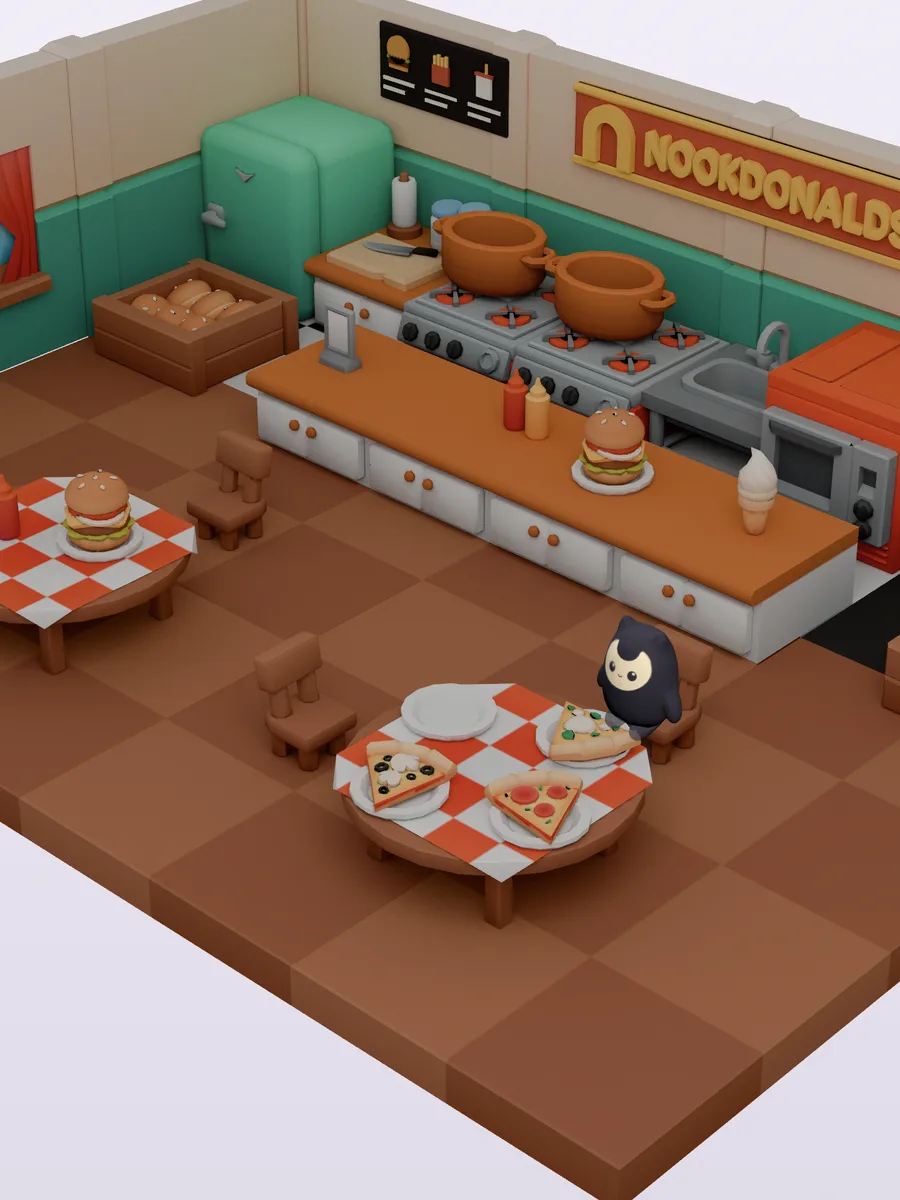 Nook inside Nookdonalds, next to a table with pizza